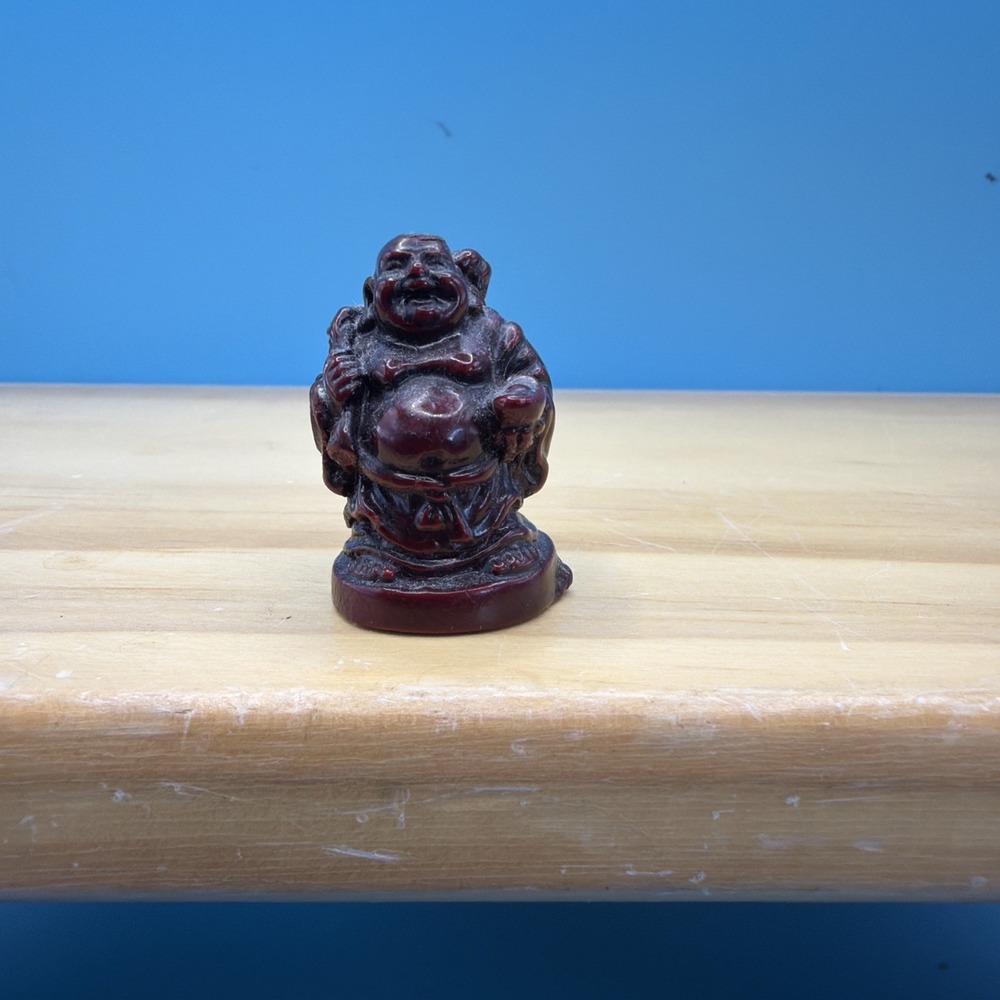 Vintage Mini Laughing Buddha Figurine Red Resin 1.25in Good Luck Feng Shui Decor